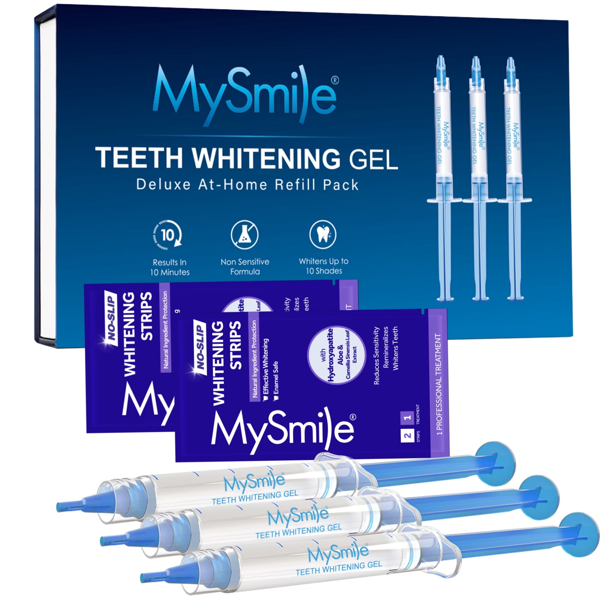Teeth Whitening Gel Refill Pack, 3 X 3Ml Gentle Enamel Safe Non-Sensitive Whitening Gel for Teeth Whitening Kit, 2Pcs Teeth Whitening Strips, No Light, Mint, 1 Pack